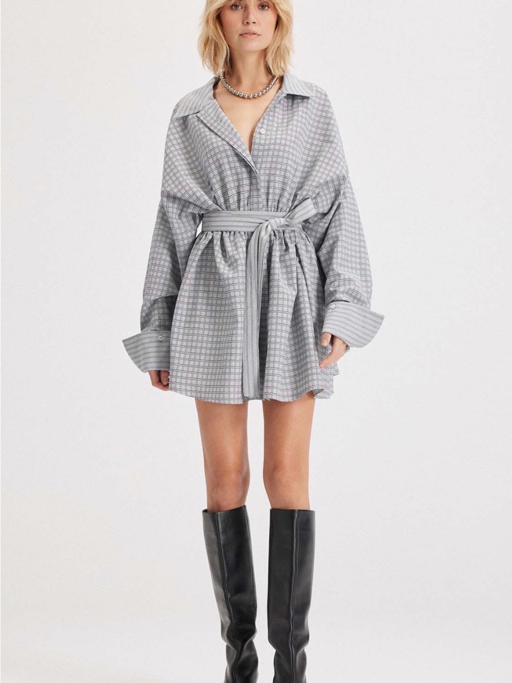 NEW Theo the Label Women's Gray Checked Shirtdress with Waist Tie